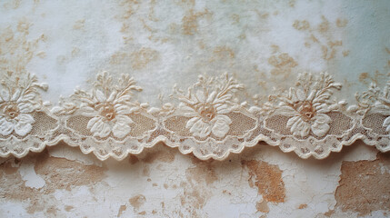 Vintage floral lace trim with delicate embroidered details resting on a textured aged surface