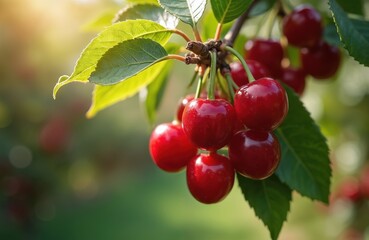 Ripe red sour cherries hang on a branch with green leaves. Sunlight shines on fruit and foliage in an orchard. Harvest season for fresh produce is near.