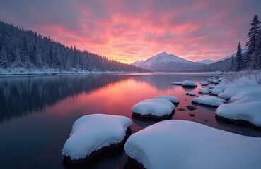 Calm lake reflects pink sky at sunrise. Snow covers rocks forest trees on mountain shore. Winter wilderness scenery shows beautiful natural landscape.