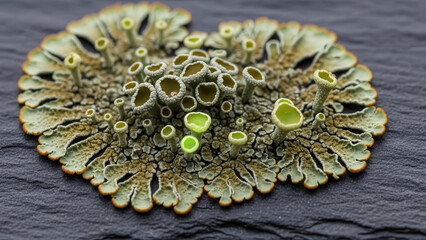 Macro close-up of vibrant green cup lichen (Cladonia) with intricate details and textures on dark rock.