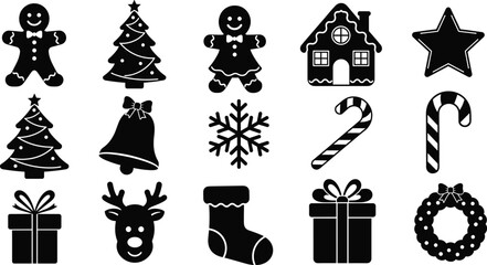 Black and white Christmas icons including gingerbread people trees gifts and snowflakes