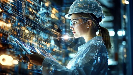 A female Engineer wearing a hard hat and safety glasses is inspecting data on a digital tablet at a modern warehouse during night. The warehouse contains data servers
