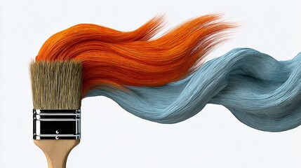 Paintbrush with vibrant orange and blue flowing hair, creating a dynamic visual effect, symbolizing creativity and artistic expression in a colorful design concept