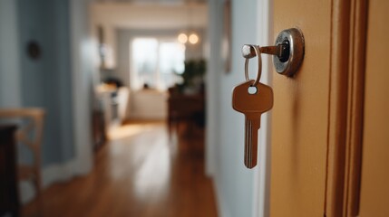 Obraz premium A golden key hanging from a door lock, symbolizing security and new beginnings in a cozy, inviting home.