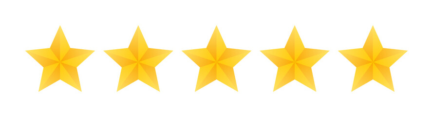 Five star in 3d style on white background. Customer reviews rating about the product. Concept of feedback from the client to seller. Vector illustration.