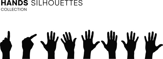 Black silhouettes of human hands with fingers spread and pointing on a white background