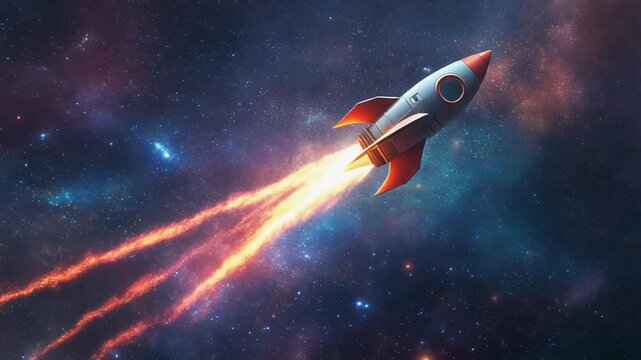 Cartoon rocket flying with fiery exhaust through a vibrant, star-filled galaxy, symbolizing startup success or space exploration.