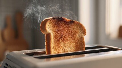 Golden brown toast popping up from a toaster, with steam rising in the warm kitchen light.
