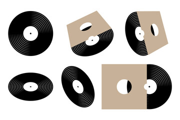 Vinyl music records graphic icon set. Vinyl plates signs isolated on white background. Vector illustration