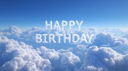 Fototapeta premium A breathtaking and hyperrealistic wide-angle photograph of a clear, brilliant blue sky adorned with fluffy white cumulus clouds. In the center of the frame, the word happy birthday