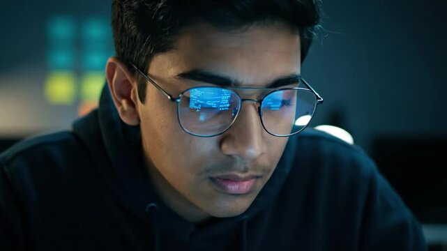 indian teenager - A young man wearing glasses focuses intently on a laptop screen in a dimly lit room, with colorful sticky notes in the background illuminating the space