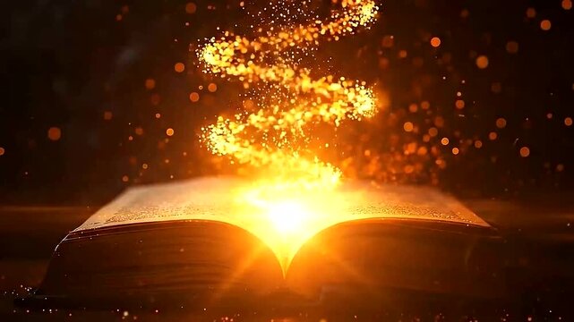 Magical Old Book Opening with Glowing Light in Dark 4K Cinematic Scene
