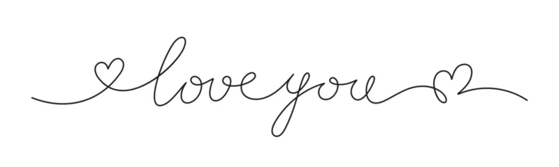 Fototapete Rund Positive Typografie Love You handwritten phrase with smooth lines and heart shapes. Calligraphy continuous line usable for postcards, reviews, inspiration and motivation message. Phrase design inspired by positive vibes  © NazArt