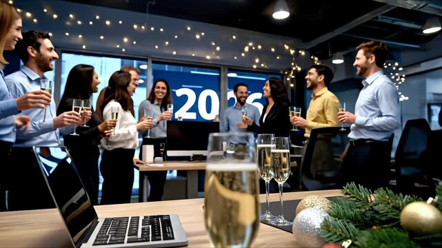 Corporate celebration for the upcoming New Year. Festive office atmosphere showing sparkling wine glasses, decorations, and the year 2026 on a screen while preparing for 2027 - Powered by Adobe