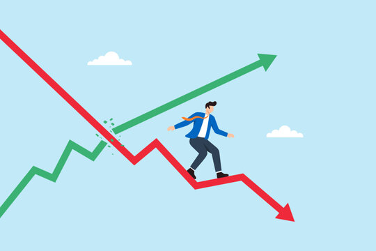 Flat illustration of businessman riding downward red graph while green arrow rises symbolizing stagflation economic slowdown recession inflation and GDP decline