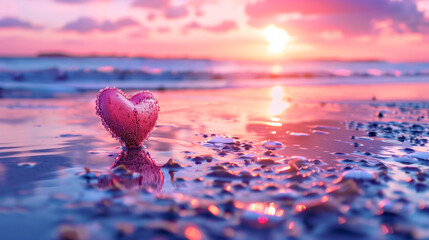 A beautiful pink heart stands on the beach, shining over the colorful, glowing water and creating a stunning summer atmosphere reminiscent of paradise.