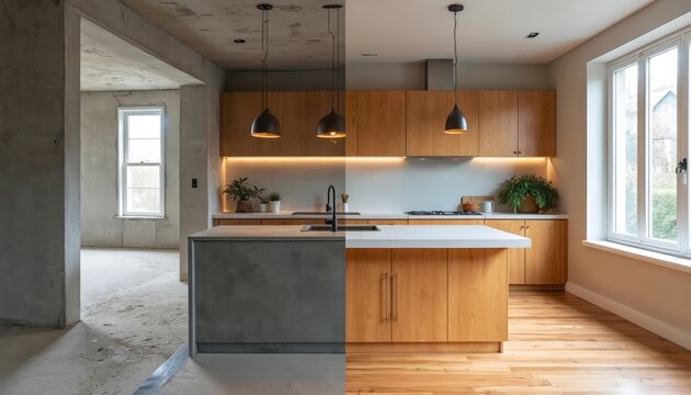 Split image shows kitchen renovation progress from raw concrete unfinished space to modern wooden cabinets island countertop and polished floor.