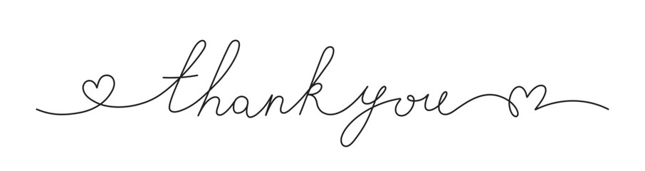 Thank you handwritten phrase with smooth lines and heart shapes. Calligraphy continuous line usable for poster, printing, greeting card, banners, gifts. Doodle vector graphic design. © NazArt