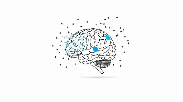 Stylized human brain outline with blue highlights and surrounding dots representing neural activity and thought.