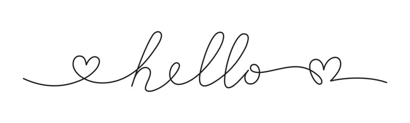 Hello handwritten phrase with smooth lines and heart shapes. Calligraphy continuous line usable for greeting or meeting. Vector illustration. © NazArt