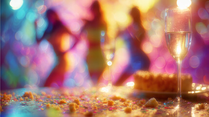 People dancing at a lively party with confetti, colorful lights, and a partially eaten cake in the foreground