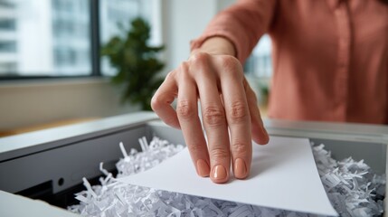 A close-up of a woman's hand placing a document into a shredder, emphasizing office organization and document security.