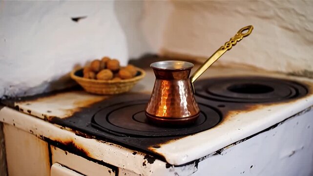 Traditional copper coffee pot brewing on old white stove with steam rising in rustic kitchen
