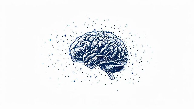 Stylized blue human brain illustration with an active aura of tiny particles on a clean white background.