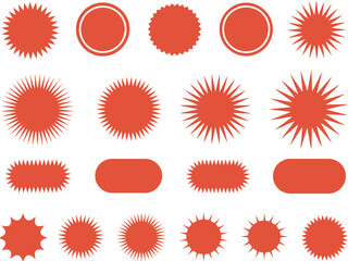 Starburst red sticker set, featuring special offer sale labels, oval and round sunburst shapes with star edges, promo badges, vector illustration ideal for marketing, retail, and advertising graphics.