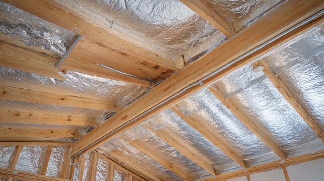 Wooden roof structure with reflective thermal insulation material - Powered by Adobe