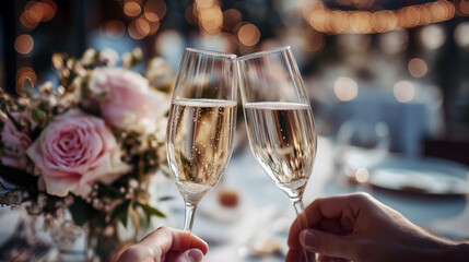 Elegant celebratory gesture with glasses held above a softly blurred tabletop arrangement, clean colors and gentle lighting