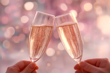 Elegant toast with sparkling glasses held mid-air, warm celebration ambiance, smooth pastel tones, dreamy bokeh