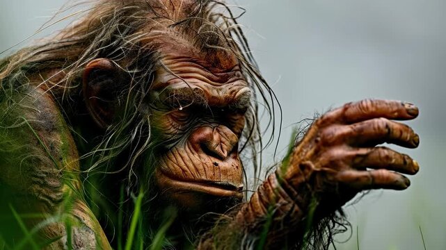 Observe an early hominid in a natural habitat, looking and reaching forward, representing a stone age man in a prehistoric setting. This represents an archaic human
