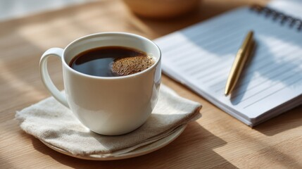 A cozy cup of steaming black coffee sits on a saucer beside a pen and a notepad, reflecting a warm morning vibe.
