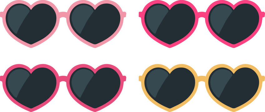 Heart shaped sunglasses set, pink flat romantic vector illustration