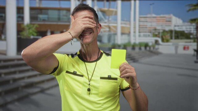 Man covers eyes with hand while holding yellow card at building entrance with whistle visible; amusement.