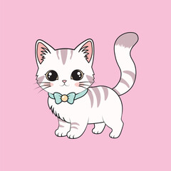 Cute cartoon white and grey striped kitten with green bow tie white