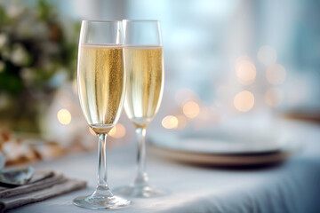Modern celebration toast captured with shallow depth of field, clarity on glassware, clean light scheme, soft festive blur