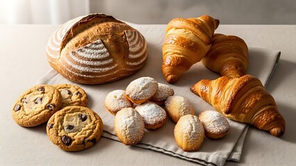"Fresh baked croissants and assorted artisan breads arranged on rustic surface, warm soft lighting, gourmet bakery presentation and appetizing texture."