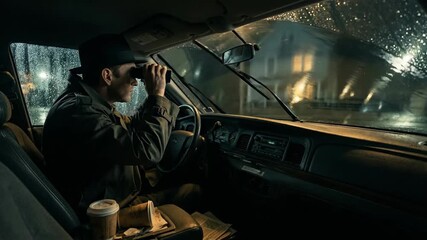 Man in trench coat and fedora secretly watching a house through binoculars from inside a car parked on a rainy street at night, embodying mystery and espionage