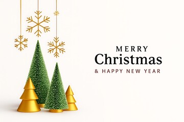 Festive merry christmas and happy new year greeting card with elegant golden snowflakes and decorated pine trees on a clean white background