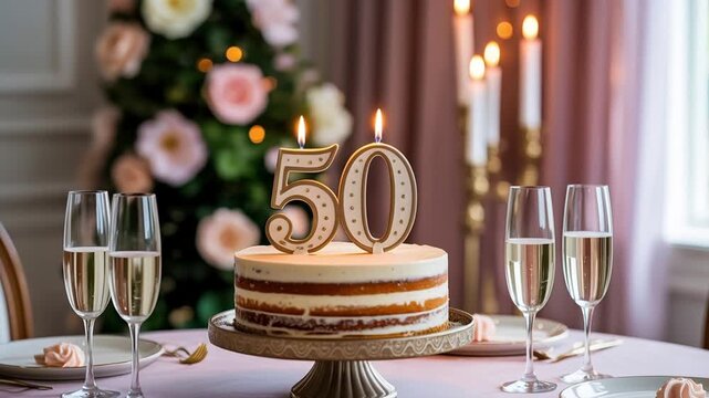 Luxurious 50th birthday cake with champagne glasses and roses - Powered by Adobe