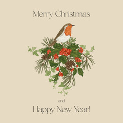Festive arrangement of holly, pine, ivy, and berries. A Christmas bouquet with a bird for holiday cards in a cozy, vintage style. Colorful.
