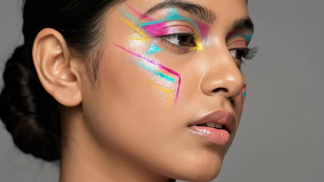 indian teenager - A close-up portrait of a woman with vibrant, colorful makeup featuring bold geometric designs on her face, highlighting her elegant features and thoughtful expression