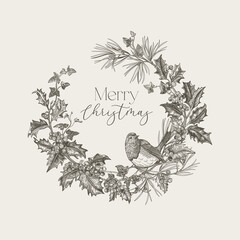 Vintage engraved Christmas wreath with a bird. Vector botanical illustration with robin and evergreens. Holly, pine with cones, ivy.  Black and white.