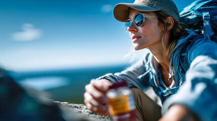 Female hiker wearing sunglasses and backpack, resting on a mountain peak with a scenic landscape in the distance