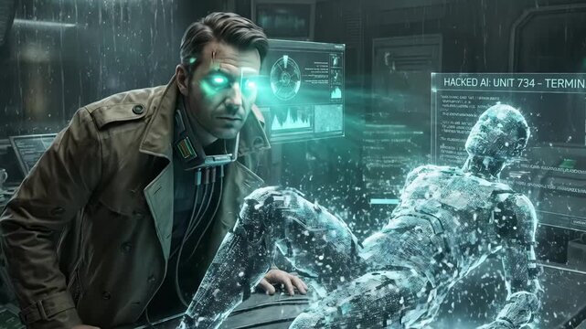 Futuristic detective in vision gear inspects a deactivated holographic android on a metallic table in a rain-streaked cyberpunk lab filled with glowing tech displays