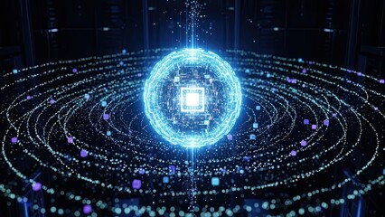 Stunning digital sphere radiating data streams and futuristic AI processing power in a dark, interconnected network environment, symbolizing global communication.