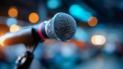 Close-up microphone on a stage with blurred colorful lights, representing music, performance, and public speaking