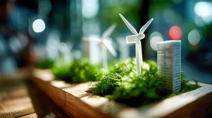 Miniature wind turbine models displayed on a table, symbolizing renewable energy and sustainable city planning